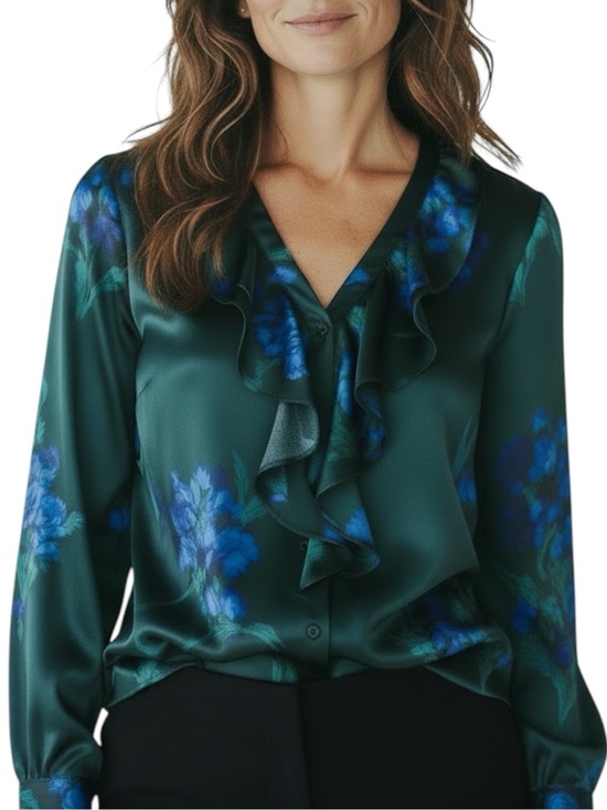 White House Black Market Tops - NWT WHITE HOUSE BLACK MARKET Green Floral Ruffle Long Sleeve Blouse Size Medium